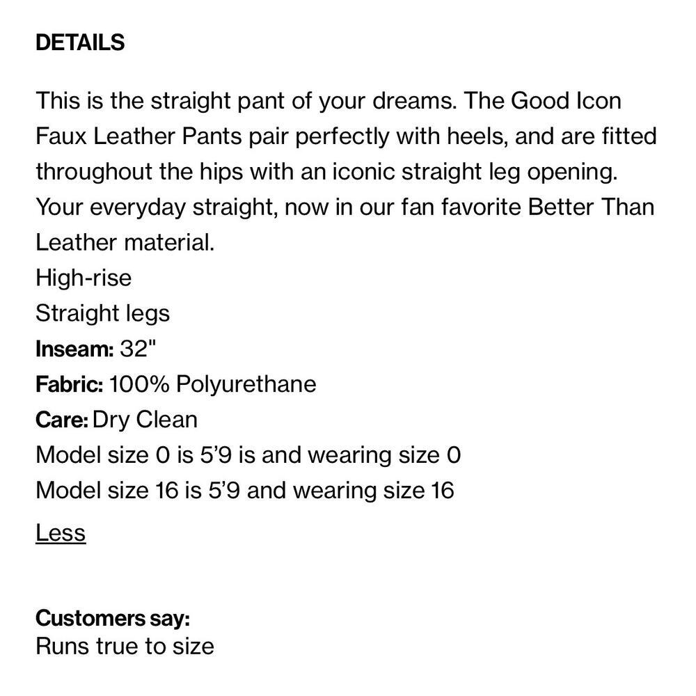 Good American Good Icon Faux Leather Pants Straight Leg Black Womens Size 27 - Picture 12 of 12